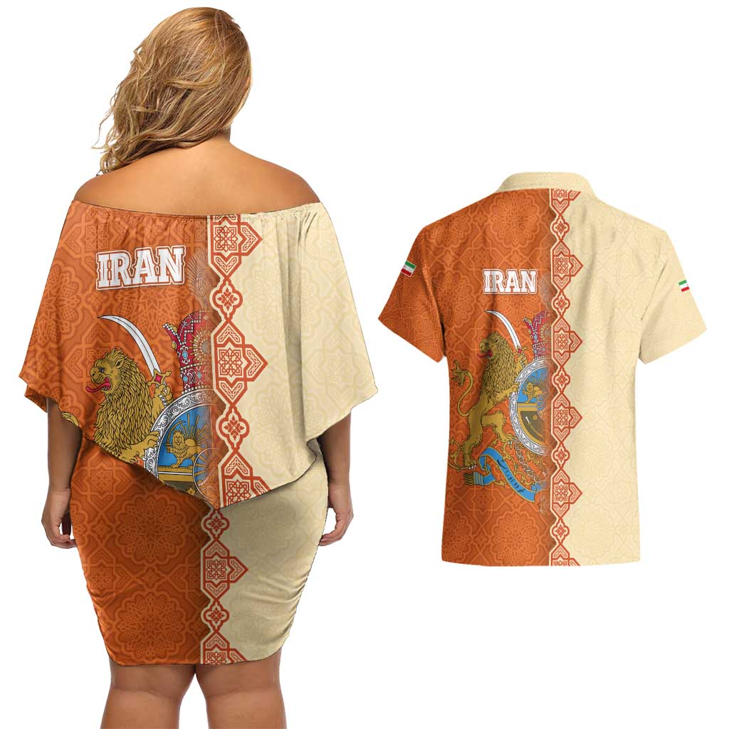 Iran Heritage Couples Matching Off Shoulder Short Dress and Hawaiian Shirt with Traditional Pattern and Royal Emblem Design