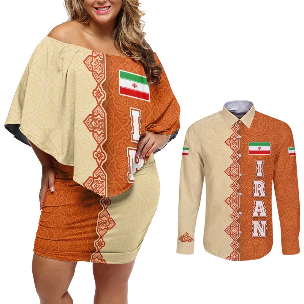 Iran Heritage Couples Matching Off Shoulder Short Dress and Long Sleeve Button Shirt with Traditional Pattern and Royal Emblem Design