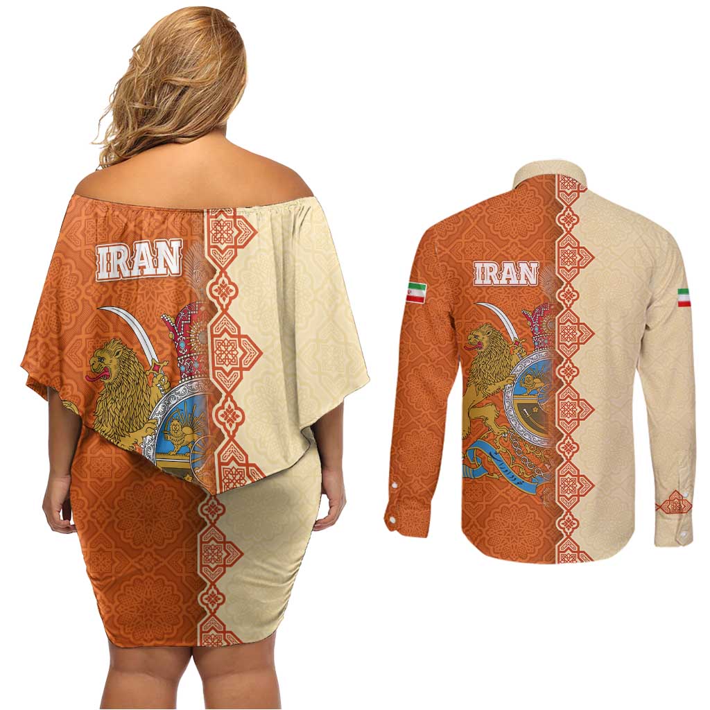 Iran Heritage Couples Matching Off Shoulder Short Dress and Long Sleeve Button Shirt with Traditional Pattern and Royal Emblem Design