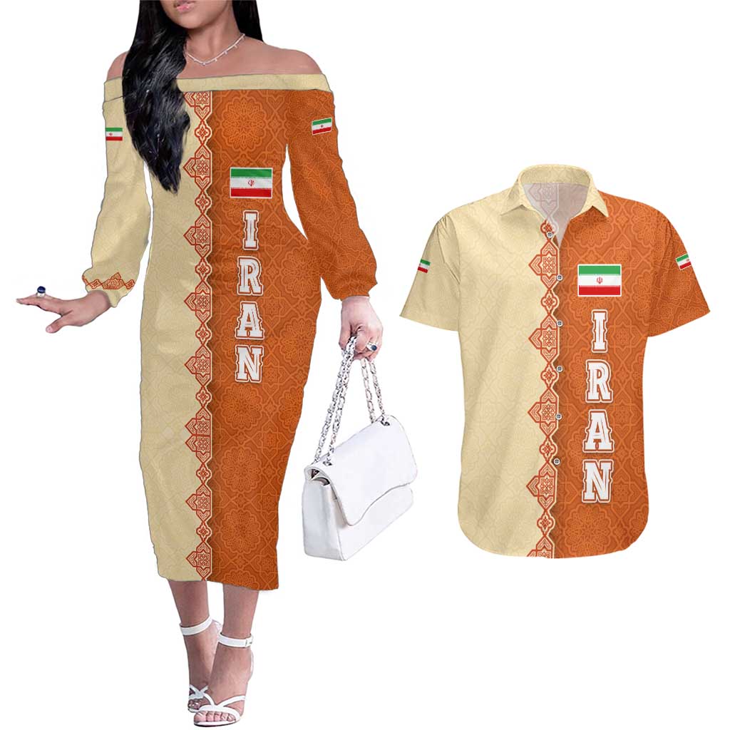 Iran Heritage Couples Matching Off The Shoulder Long Sleeve Dress and Hawaiian Shirt with Traditional Pattern and Royal Emblem Design