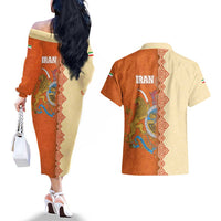 Iran Heritage Couples Matching Off The Shoulder Long Sleeve Dress and Hawaiian Shirt with Traditional Pattern and Royal Emblem Design