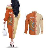 Iran Heritage Couples Matching Off The Shoulder Long Sleeve Dress and Long Sleeve Button Shirt with Traditional Pattern and Royal Emblem Design