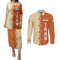 Iran Heritage Couples Matching Puletasi and Long Sleeve Button Shirt with Traditional Pattern and Royal Emblem Design