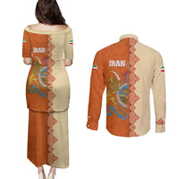 Iran Heritage Couples Matching Puletasi and Long Sleeve Button Shirt with Traditional Pattern and Royal Emblem Design