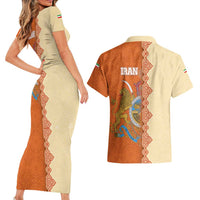Iran Heritage Couples Matching Short Sleeve Bodycon Dress and Hawaiian Shirt with Traditional Pattern and Royal Emblem Design