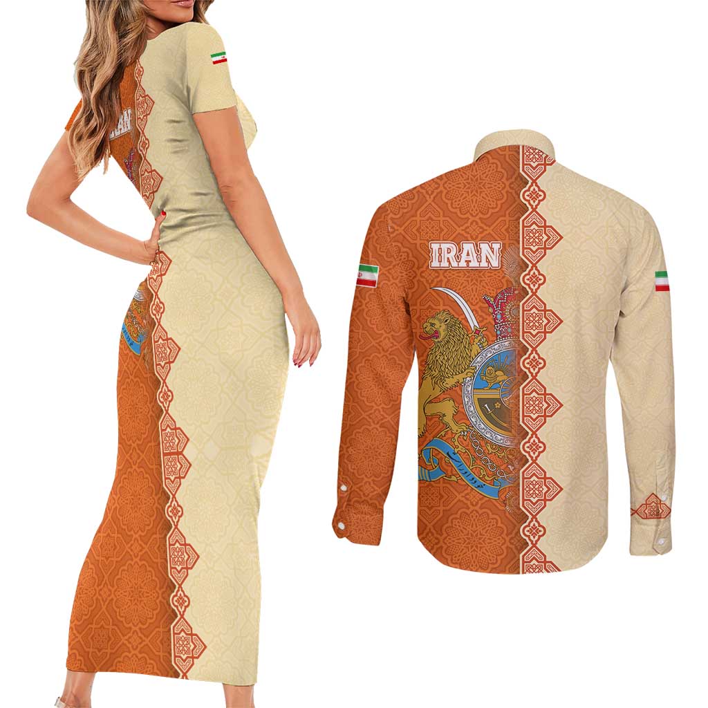 Iran Heritage Couples Matching Short Sleeve Bodycon Dress and Long Sleeve Button Shirt with Traditional Pattern and Royal Emblem Design