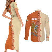 Iran Heritage Couples Matching Short Sleeve Bodycon Dress and Long Sleeve Button Shirt with Traditional Pattern and Royal Emblem Design