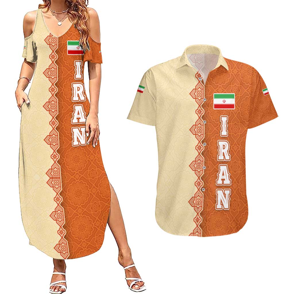 Iran Heritage Couples Matching Summer Maxi Dress and Hawaiian Shirt with Traditional Pattern and Royal Emblem Design