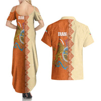 Iran Heritage Couples Matching Summer Maxi Dress and Hawaiian Shirt with Traditional Pattern and Royal Emblem Design