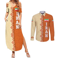 Iran Heritage Couples Matching Summer Maxi Dress and Long Sleeve Button Shirt with Traditional Pattern and Royal Emblem Design