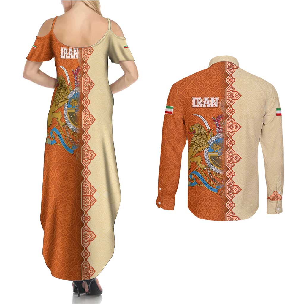 Iran Heritage Couples Matching Summer Maxi Dress and Long Sleeve Button Shirt with Traditional Pattern and Royal Emblem Design
