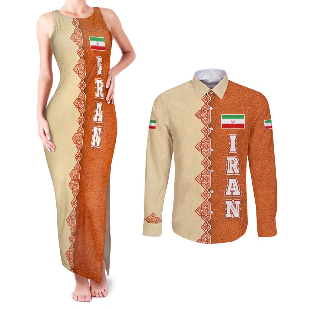 Iran Heritage Couples Matching Tank Maxi Dress and Long Sleeve Button Shirt with Traditional Pattern and Royal Emblem Design