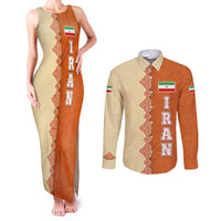 Iran Heritage Couples Matching Tank Maxi Dress and Long Sleeve Button Shirt with Traditional Pattern and Royal Emblem Design