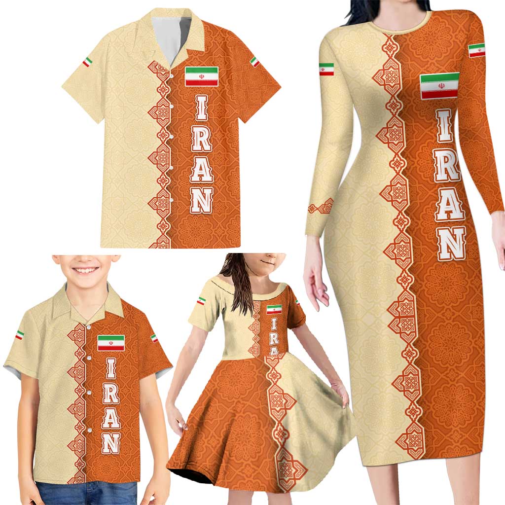 Iran Heritage Family Matching Long Sleeve Bodycon Dress and Hawaiian Shirt with Traditional Pattern and Royal Emblem Design