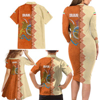 Iran Heritage Family Matching Long Sleeve Bodycon Dress and Hawaiian Shirt with Traditional Pattern and Royal Emblem Design