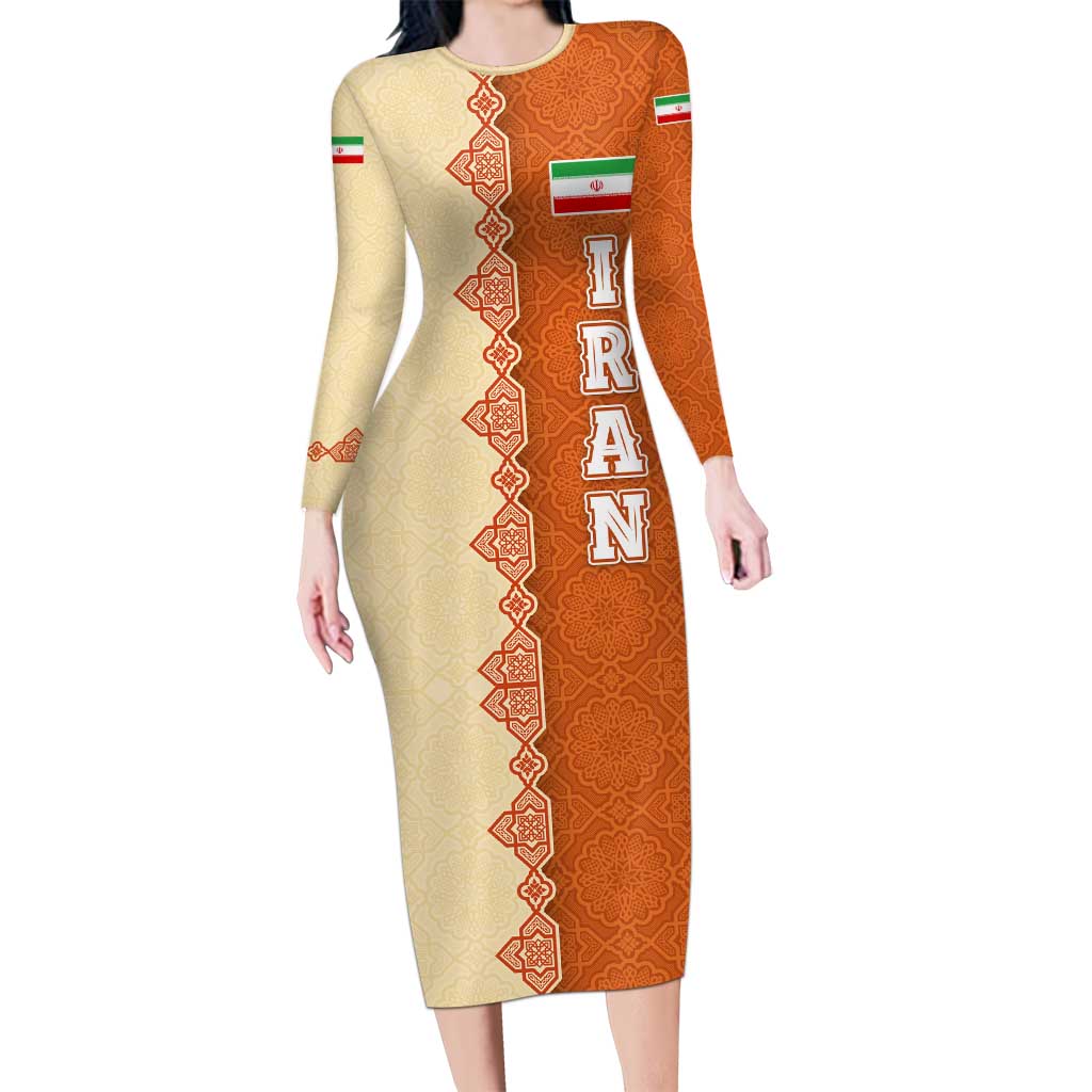 Iran Heritage Family Matching Long Sleeve Bodycon Dress and Hawaiian Shirt with Traditional Pattern and Royal Emblem Design
