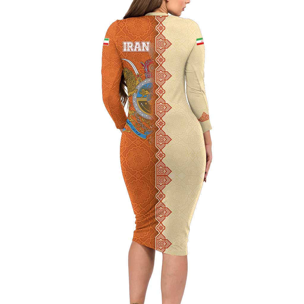 Iran Heritage Family Matching Long Sleeve Bodycon Dress and Hawaiian Shirt with Traditional Pattern and Royal Emblem Design
