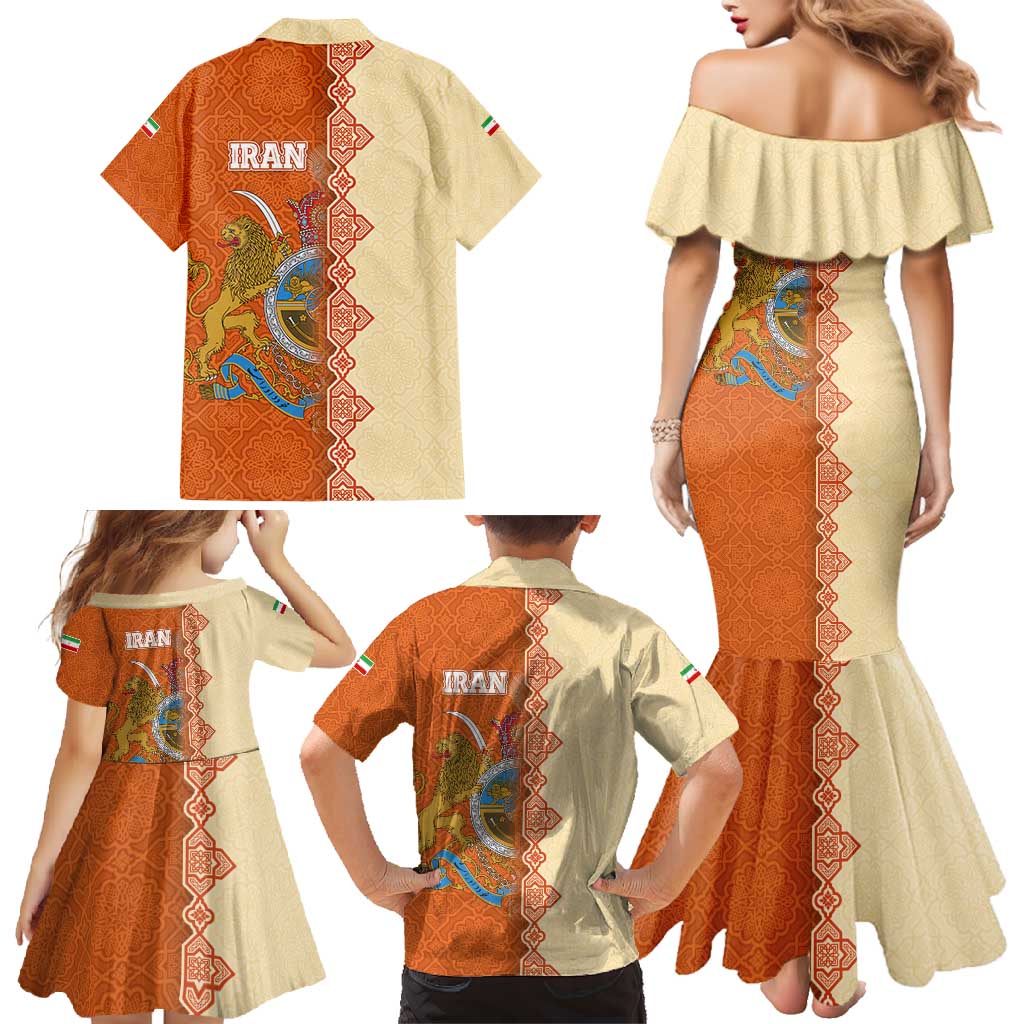 Iran Heritage Family Matching Mermaid Dress and Hawaiian Shirt with Traditional Pattern and Royal Emblem Design