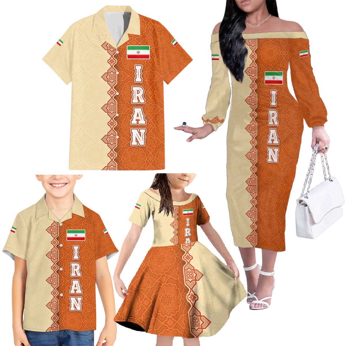 Iran Heritage Family Matching Off The Shoulder Long Sleeve Dress and Hawaiian Shirt with Traditional Pattern and Royal Emblem Design