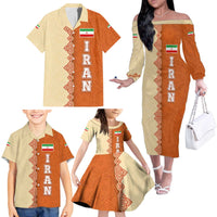 Iran Heritage Family Matching Off The Shoulder Long Sleeve Dress and Hawaiian Shirt with Traditional Pattern and Royal Emblem Design