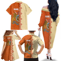 Iran Heritage Family Matching Off The Shoulder Long Sleeve Dress and Hawaiian Shirt with Traditional Pattern and Royal Emblem Design