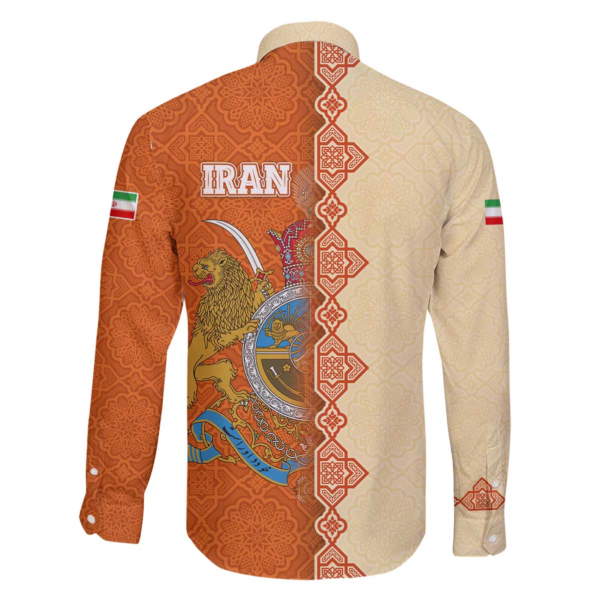 Iran Heritage Family Matching Off The Shoulder Long Sleeve Dress and Hawaiian Shirt with Traditional Pattern and Royal Emblem Design
