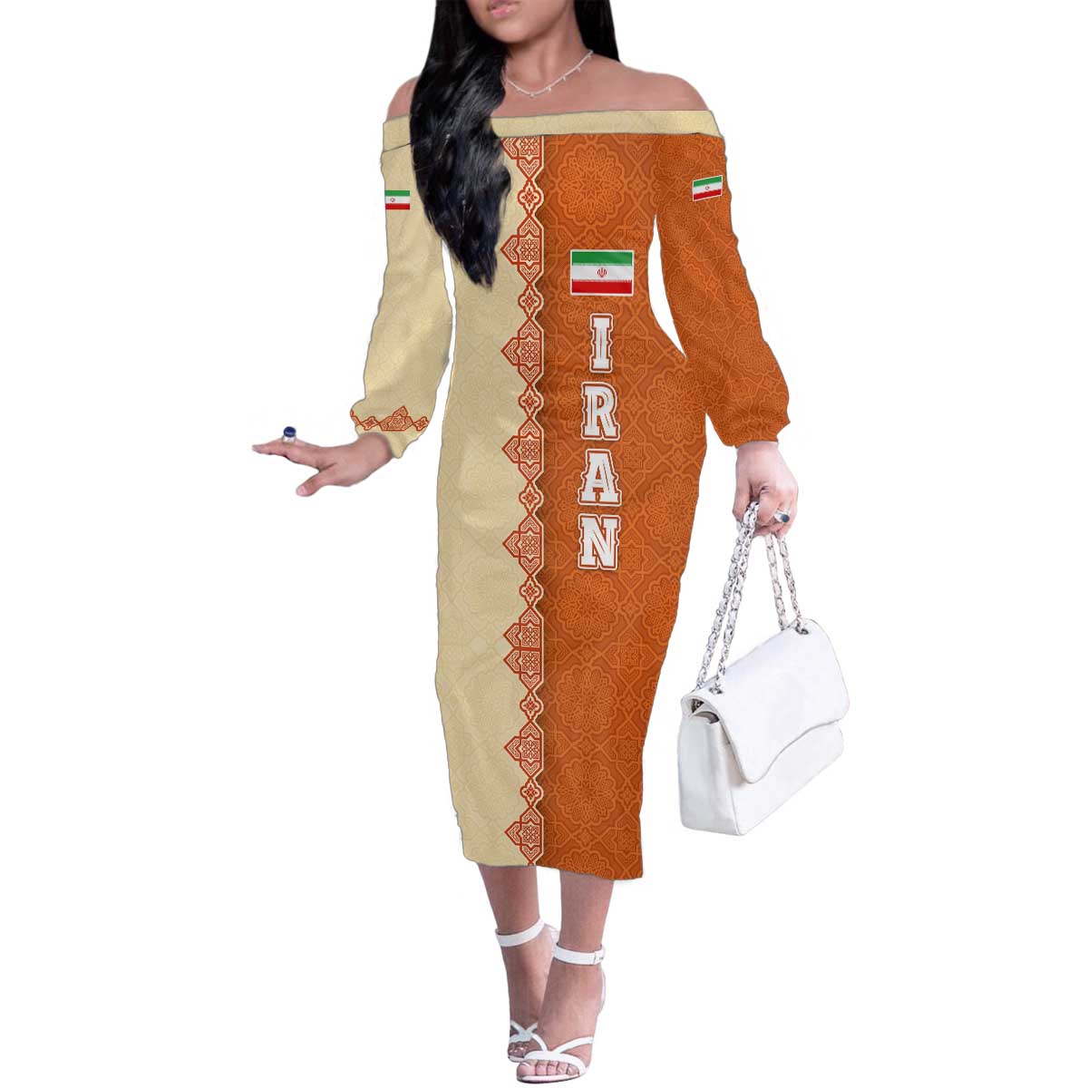 Iran Heritage Family Matching Off The Shoulder Long Sleeve Dress and Hawaiian Shirt with Traditional Pattern and Royal Emblem Design