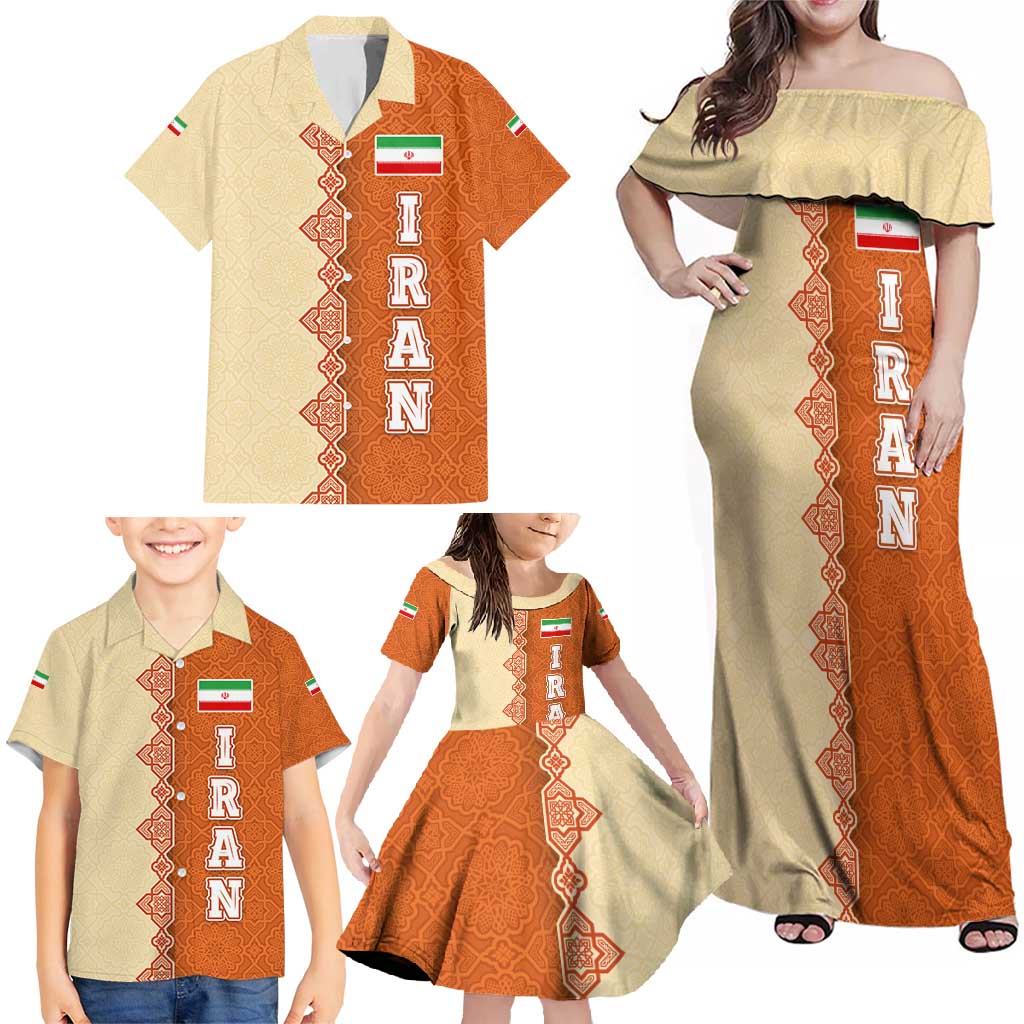 Iran Heritage Family Matching Off Shoulder Maxi Dress and Hawaiian Shirt with Traditional Pattern and Royal Emblem Design