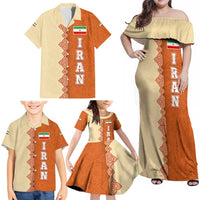 Iran Heritage Family Matching Off Shoulder Maxi Dress and Hawaiian Shirt with Traditional Pattern and Royal Emblem Design
