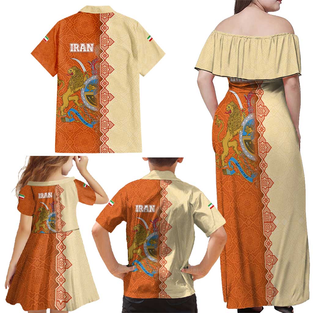 Iran Heritage Family Matching Off Shoulder Maxi Dress and Hawaiian Shirt with Traditional Pattern and Royal Emblem Design