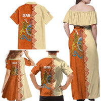 Iran Heritage Family Matching Off Shoulder Maxi Dress and Hawaiian Shirt with Traditional Pattern and Royal Emblem Design