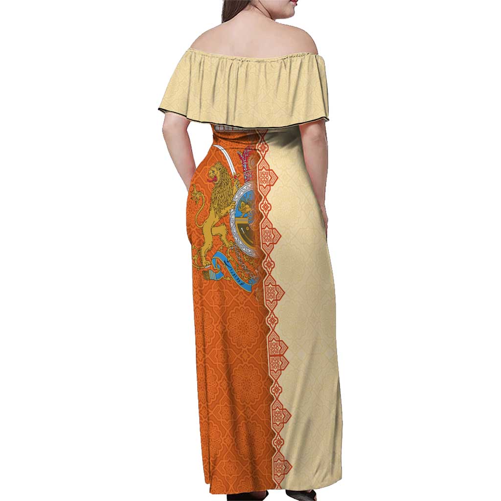 Iran Heritage Family Matching Off Shoulder Maxi Dress and Hawaiian Shirt with Traditional Pattern and Royal Emblem Design