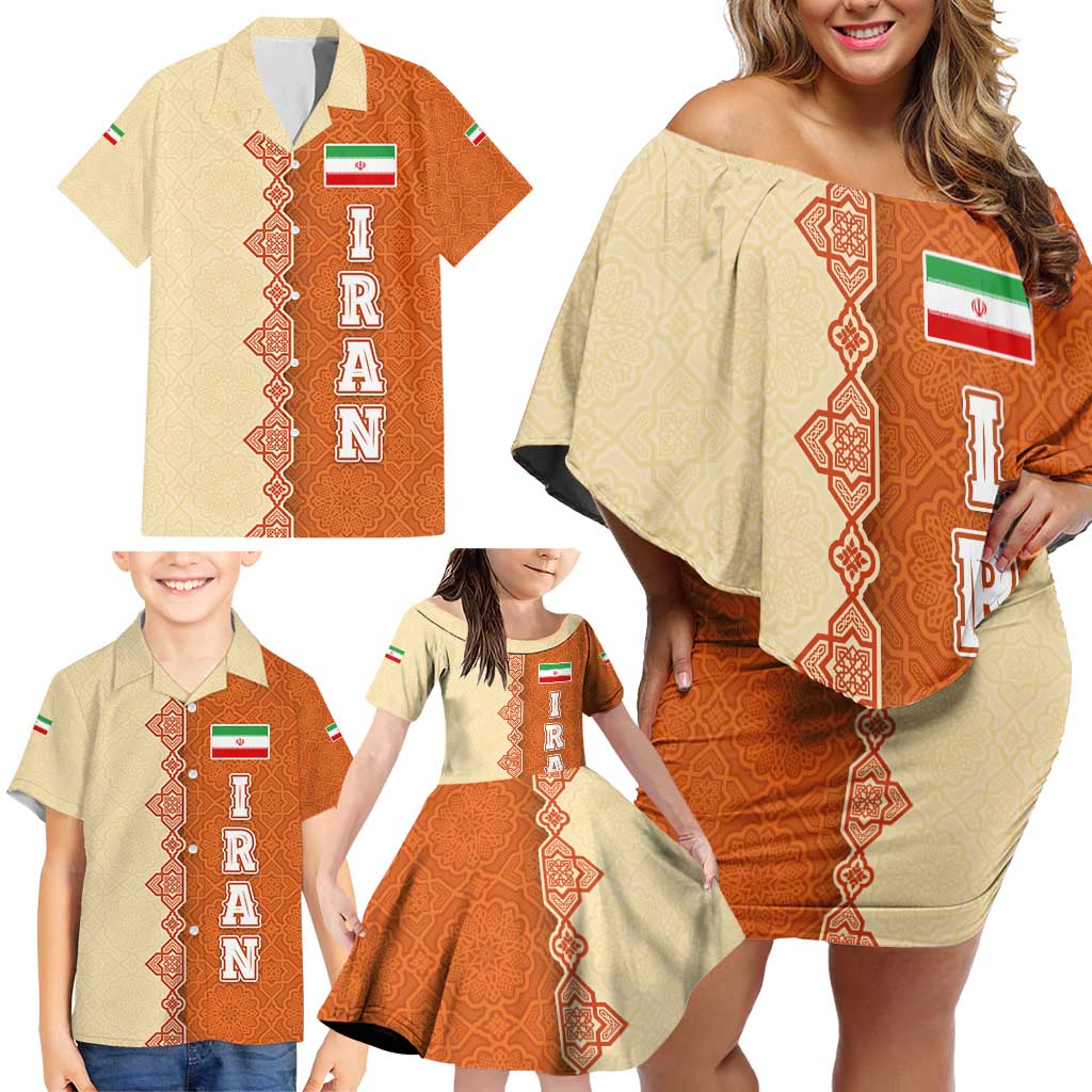 Iran Heritage Family Matching Off Shoulder Short Dress and Hawaiian Shirt with Traditional Pattern and Royal Emblem Design