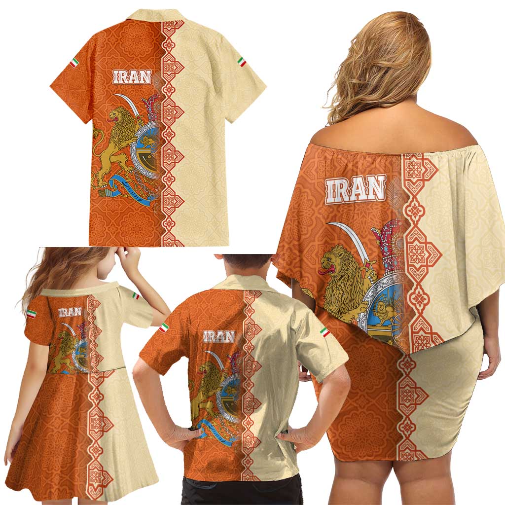 Iran Heritage Family Matching Off Shoulder Short Dress and Hawaiian Shirt with Traditional Pattern and Royal Emblem Design