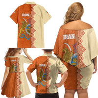 Iran Heritage Family Matching Off Shoulder Short Dress and Hawaiian Shirt with Traditional Pattern and Royal Emblem Design