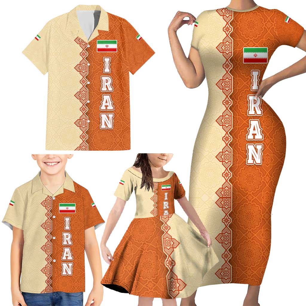 Iran Heritage Family Matching Short Sleeve Bodycon Dress and Hawaiian Shirt with Traditional Pattern and Royal Emblem Design