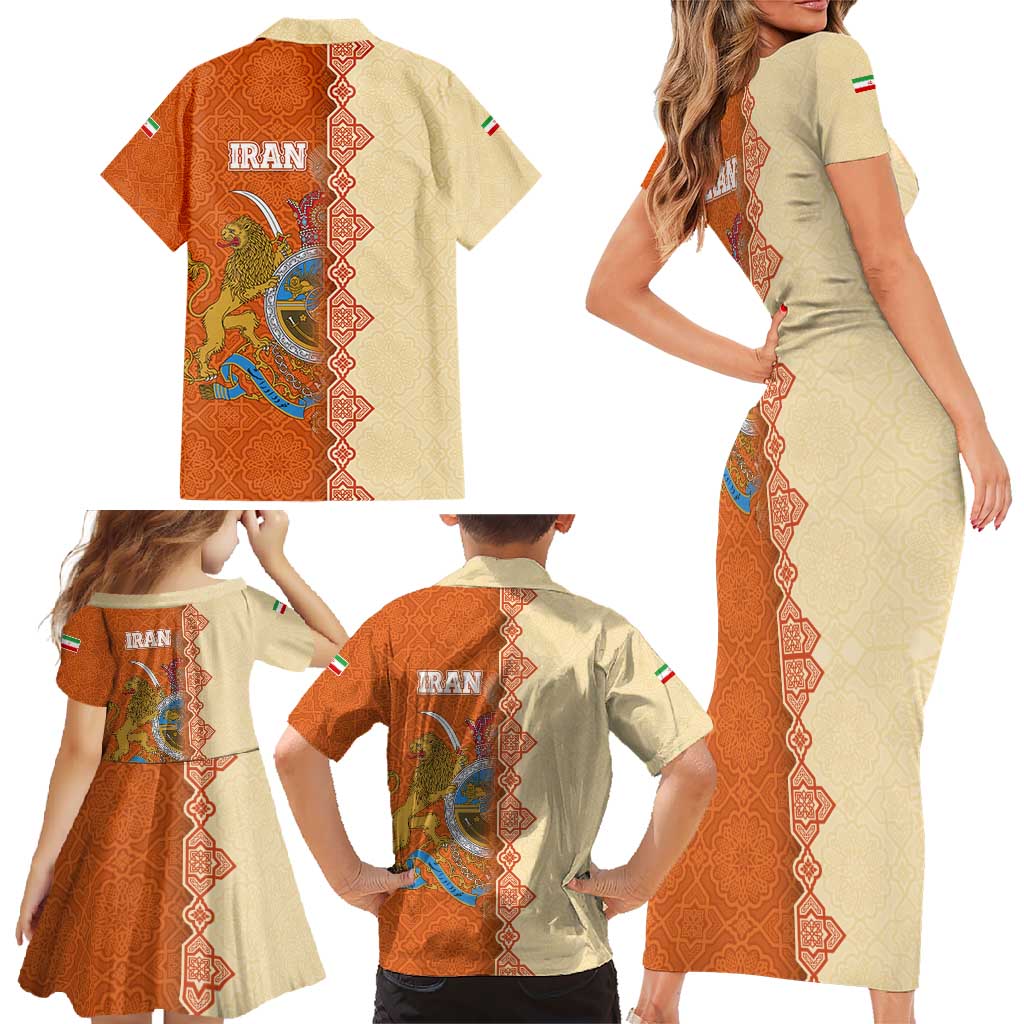 Iran Heritage Family Matching Short Sleeve Bodycon Dress and Hawaiian Shirt with Traditional Pattern and Royal Emblem Design
