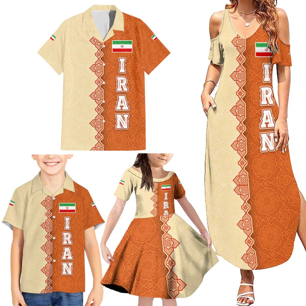 Iran Heritage Family Matching Summer Maxi Dress and Hawaiian Shirt with Traditional Pattern and Royal Emblem Design