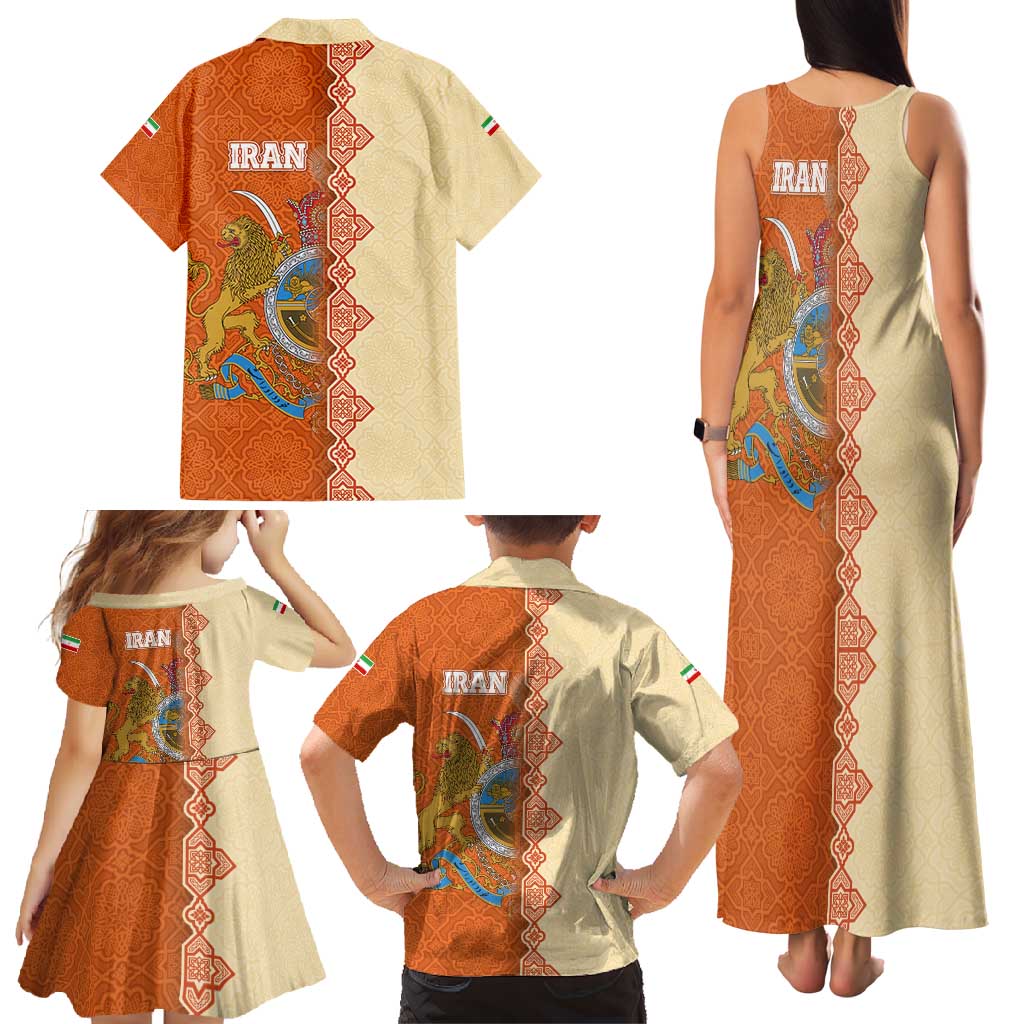 Iran Heritage Family Matching Tank Maxi Dress and Hawaiian Shirt with Traditional Pattern and Royal Emblem Design