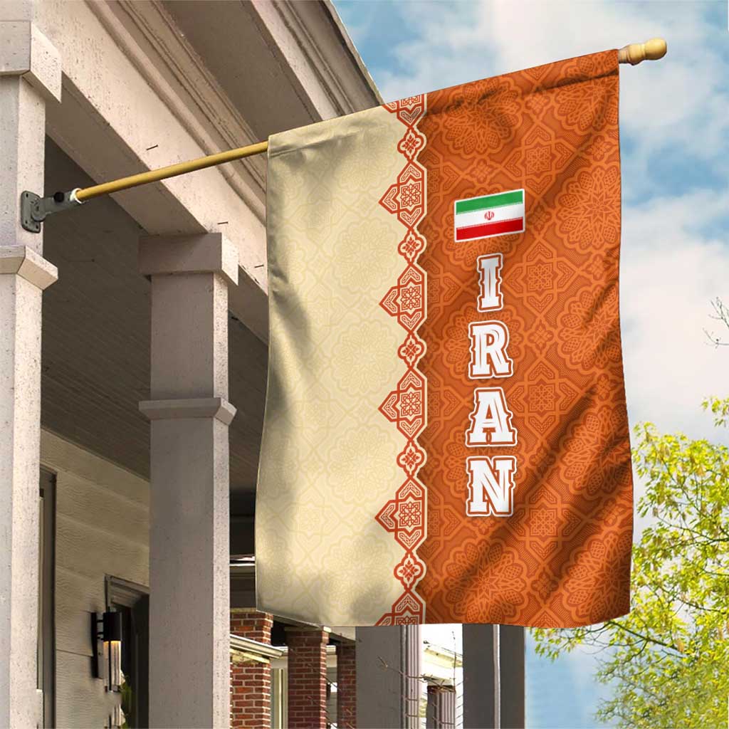 Iran Heritage Garden Flag with Traditional Pattern and Royal Emblem Design