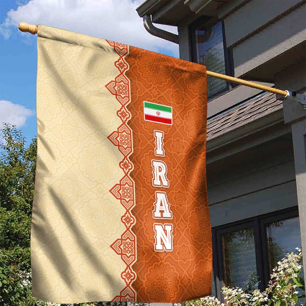 Iran Heritage Garden Flag with Traditional Pattern and Royal Emblem Design