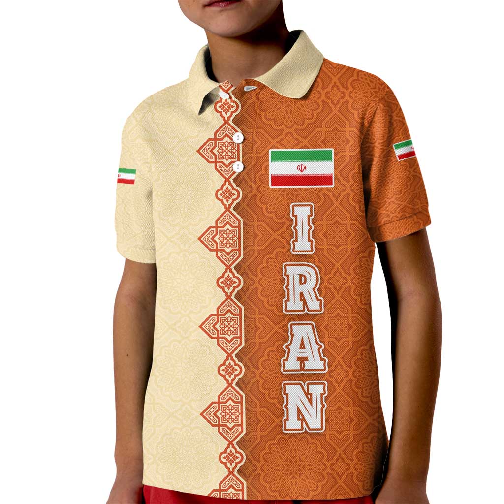 Iran Heritage Kid Polo Shirt with Traditional Pattern and Royal Emblem Design