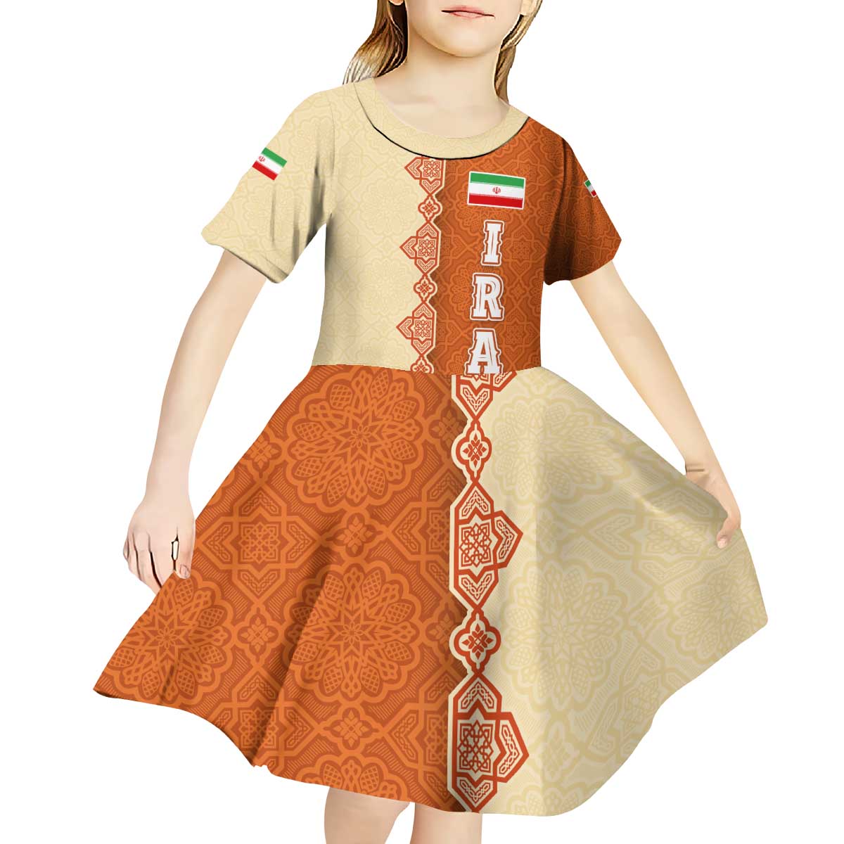 Iran Heritage Kid Short Sleeve Dress with Traditional Pattern and Royal Emblem Design