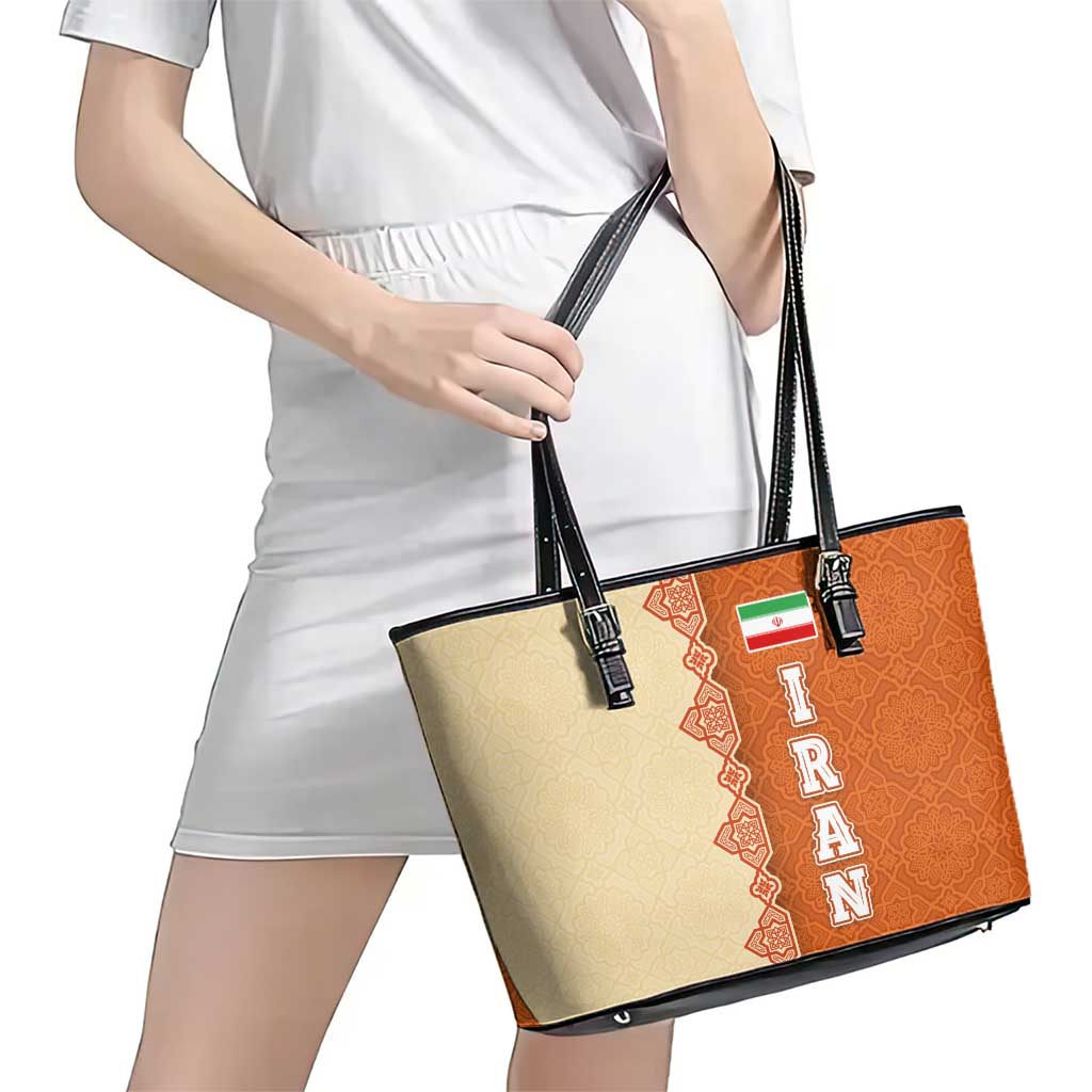 Iran Heritage Leather Tote Bag with Traditional Pattern and Royal Emblem Design