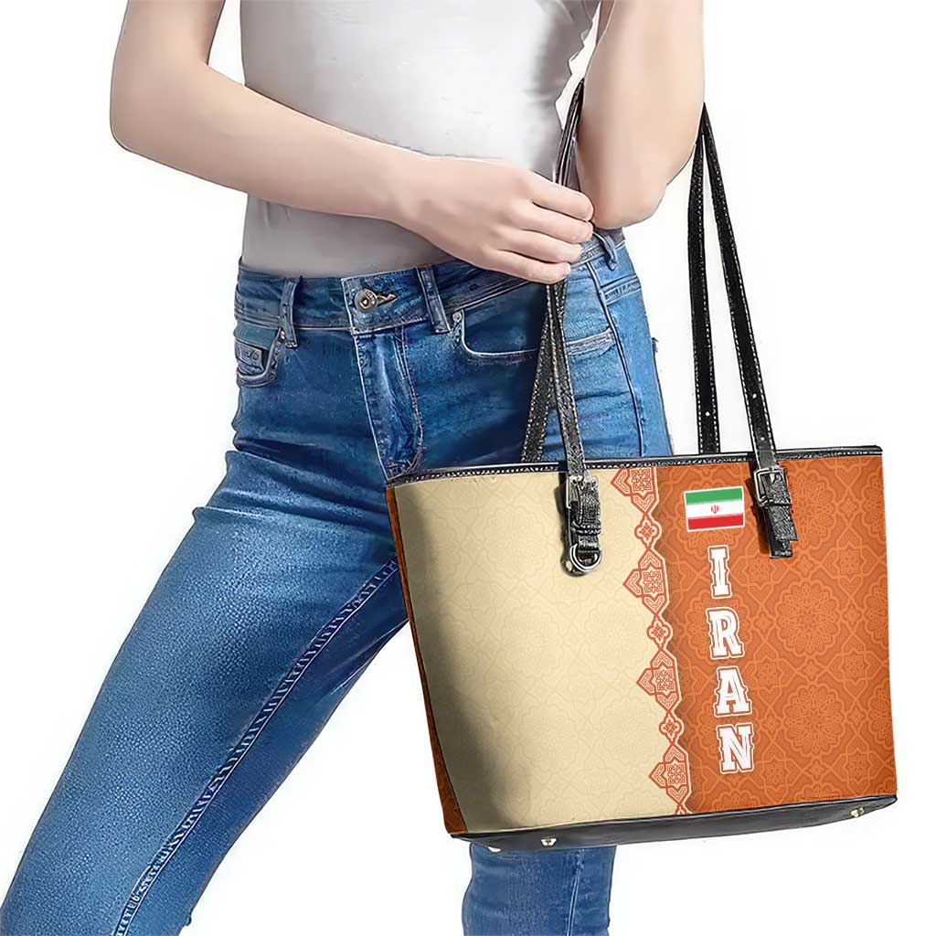 Iran Heritage Leather Tote Bag with Traditional Pattern and Royal Emblem Design