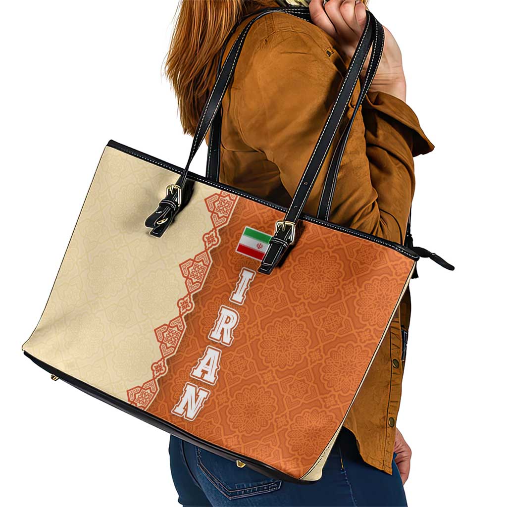 Iran Heritage Leather Tote Bag with Traditional Pattern and Royal Emblem Design