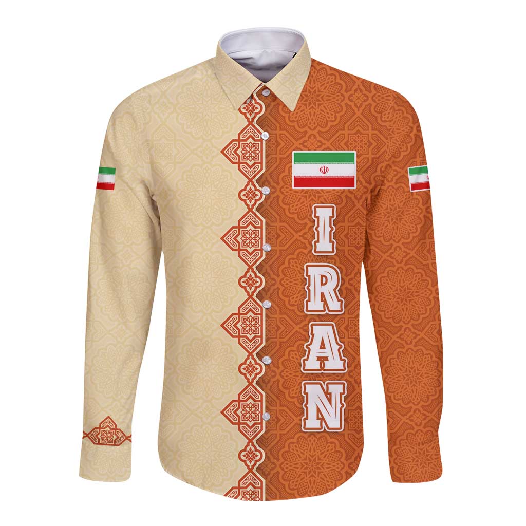 Iran Heritage Long Sleeve Button Shirt with Traditional Pattern and Royal Emblem Design