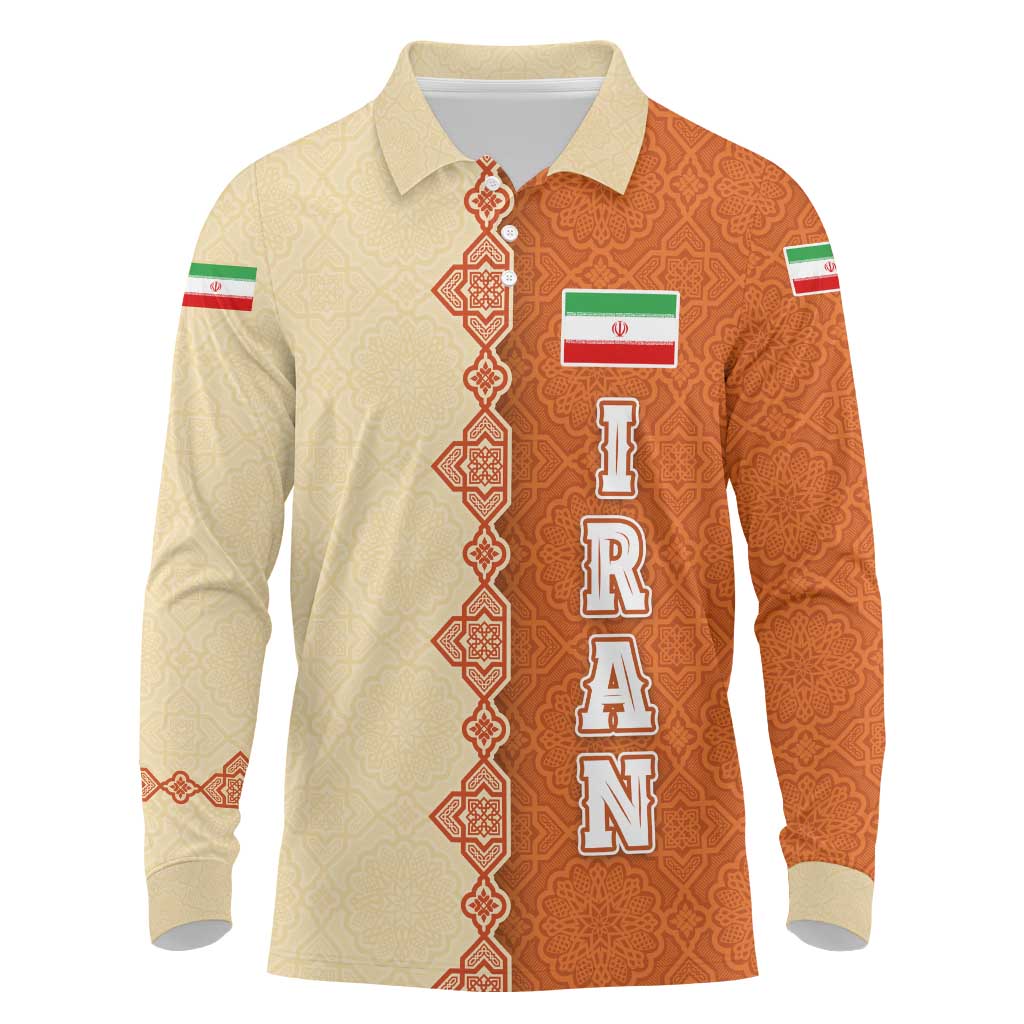 Iran Heritage Long Sleeve Polo Shirt with Traditional Pattern and Royal Emblem Design