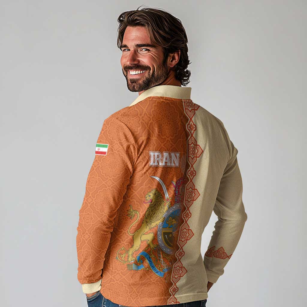 Iran Heritage Long Sleeve Polo Shirt with Traditional Pattern and Royal Emblem Design