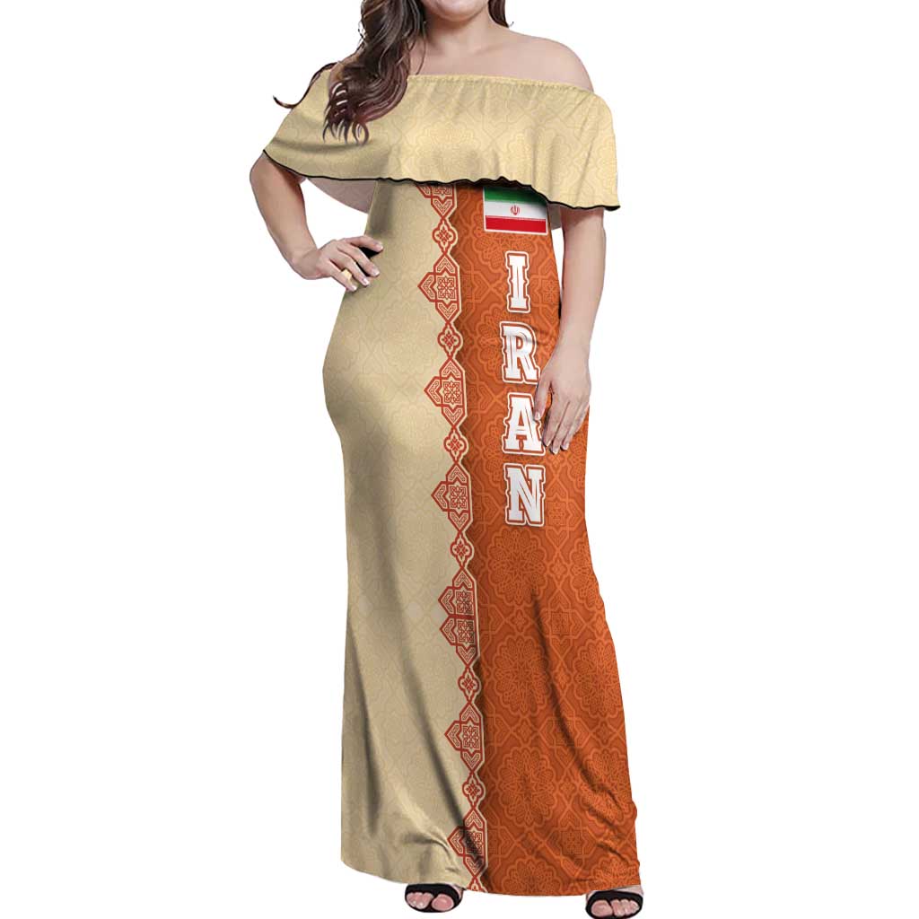 Iran Heritage Off Shoulder Maxi Dress with Traditional Pattern and Royal Emblem Design